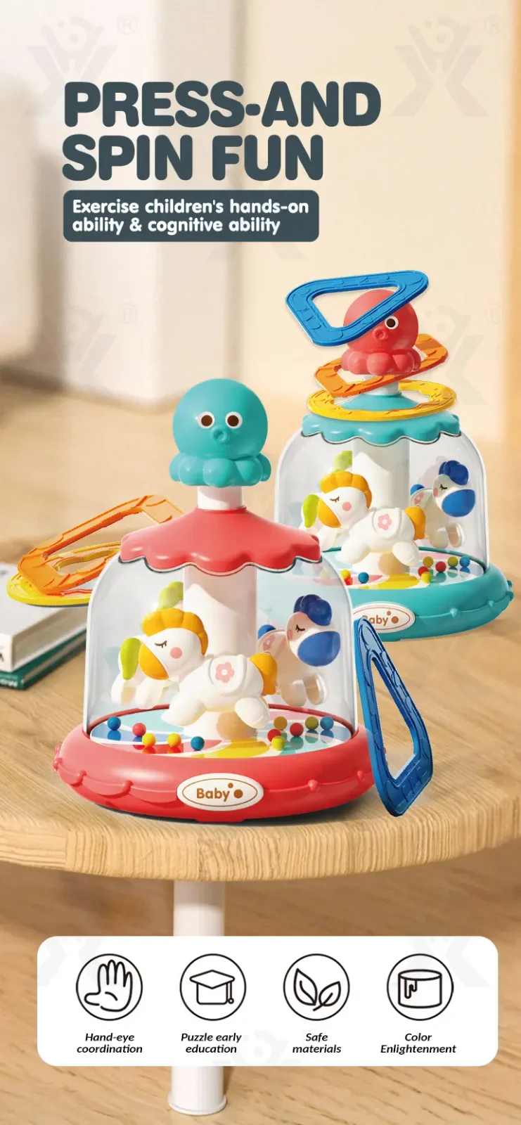 Press and Spin Carousel Toy, Baby Early Education Training (TB-5132919) — illustrated product details, panel 1