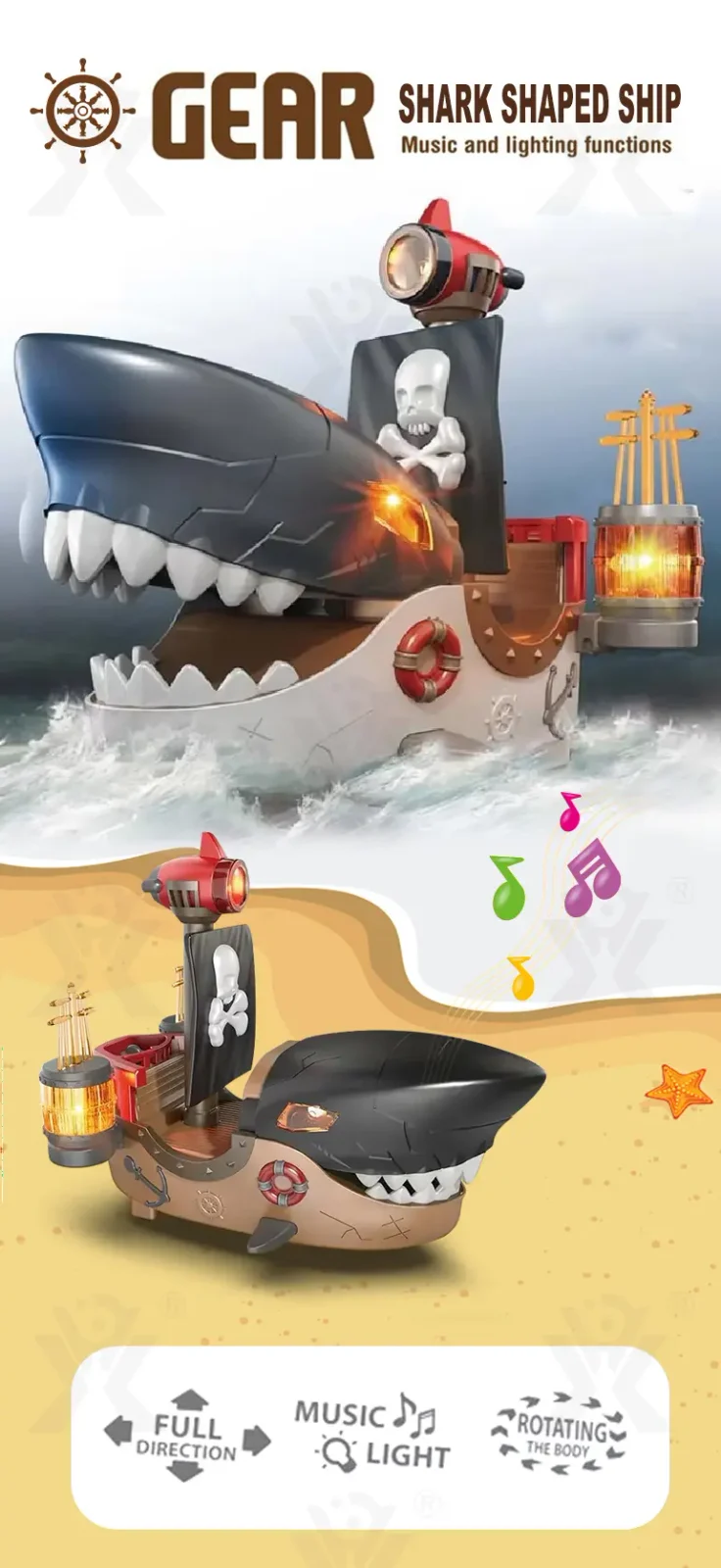 Gear Mecha Shark Pirate Ship Toy, Light and Music Full Functions, Battery-Operated Educational Kids Toys (TB-4489475) — illustrated product details, panel 1
