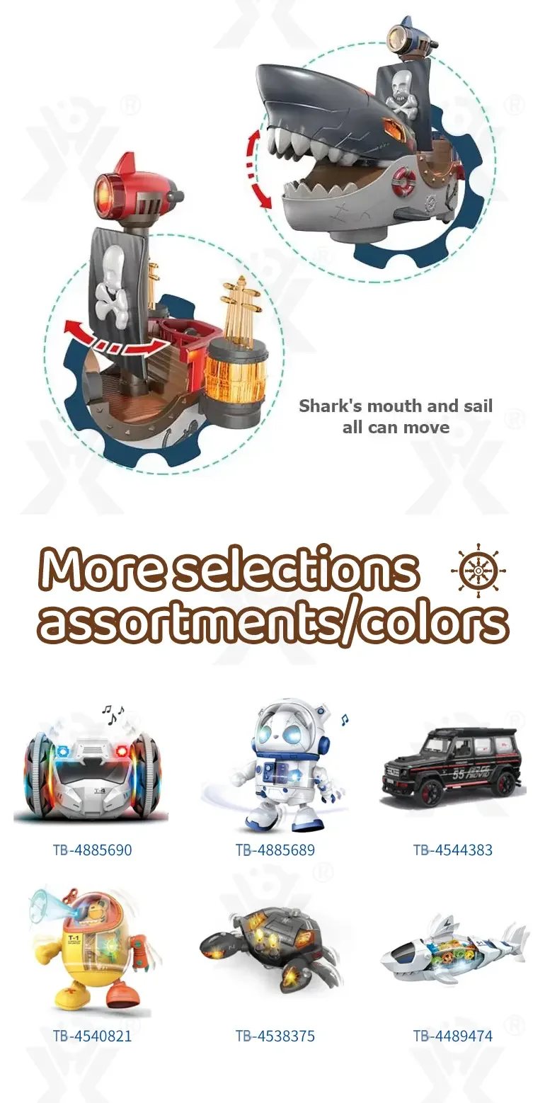 Gear Mecha Shark Pirate Ship Toy, Light and Music Full Functions, Battery-Operated Educational Kids Toys (TB-4489475) — illustrated product details, panel 3