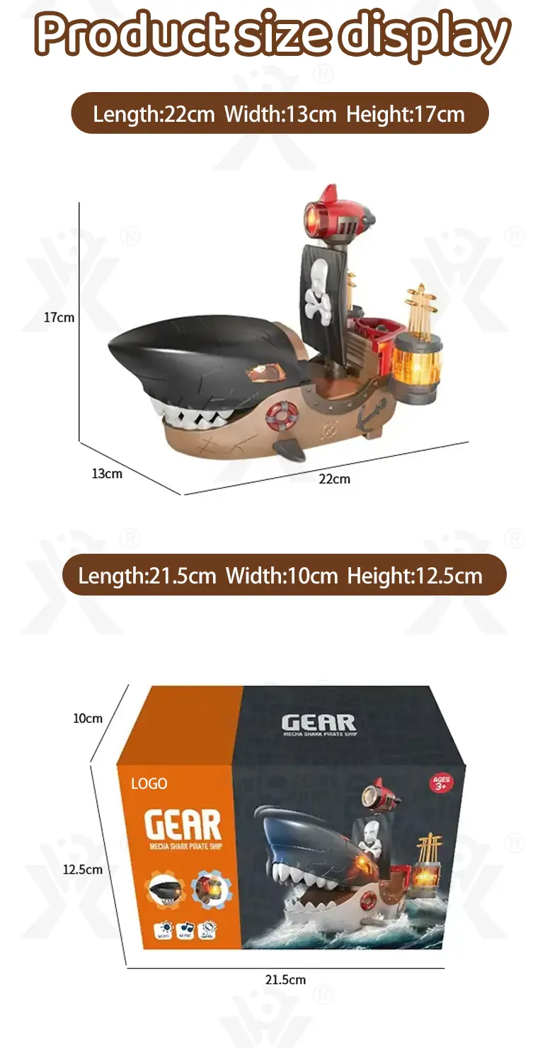 Gear Mecha Shark Pirate Ship Toy, Light and Music Full Functions, Battery-Operated Educational Kids Toys (TB-4489475) — illustrated product details, panel 4