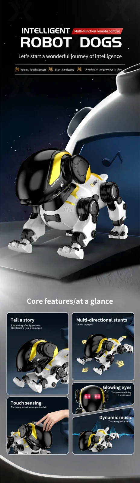Smart Robot Dog Toy with Voice Control, Remote Control, LED Eyes, Multi-Function Interactive Pet (TB-5312892) — illustrated product details, panel 1