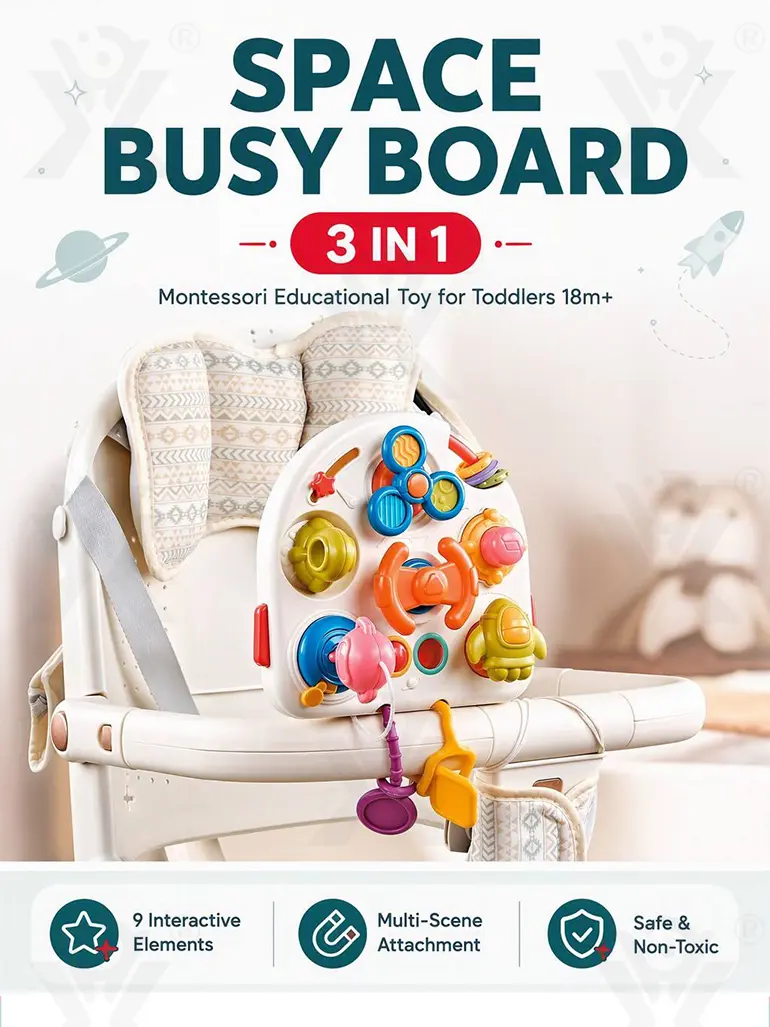 Montessori Busy Board Toys, Spinning, Sliding & Fine Motor Skill Activities Learning Toy (TB-5167837) — illustrated product details, panel 1
