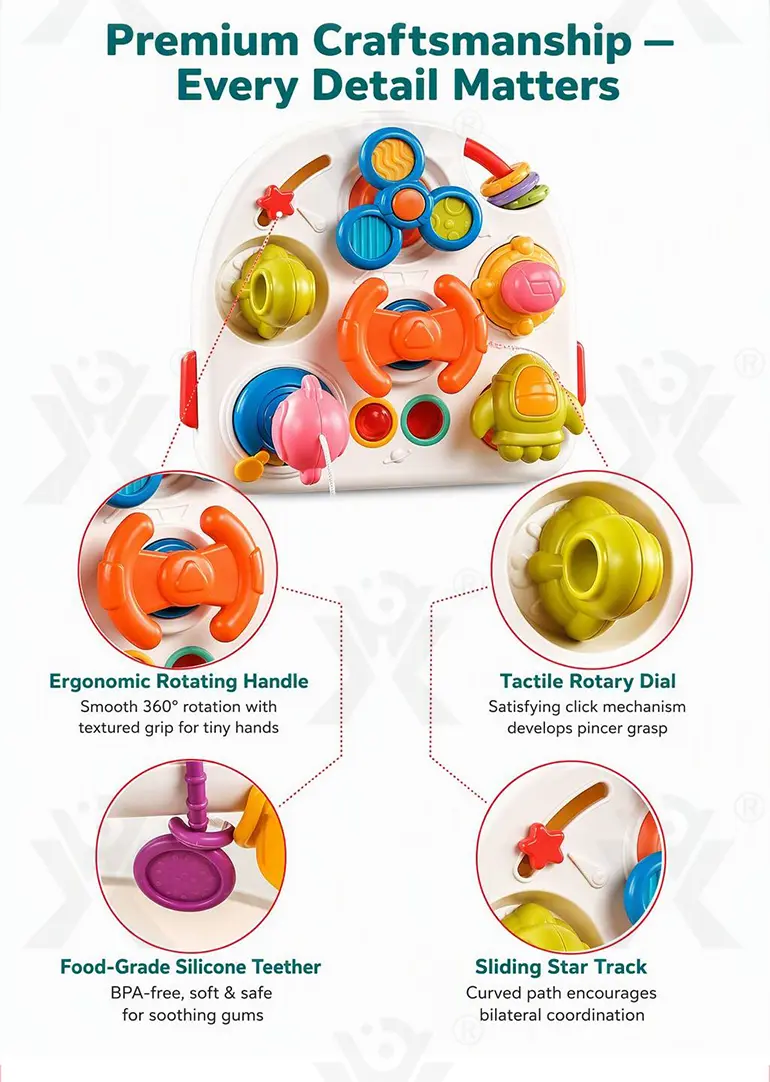Montessori Busy Board Toys, Spinning, Sliding & Fine Motor Skill Activities Learning Toy (TB-5167837) — illustrated product details, panel 2
