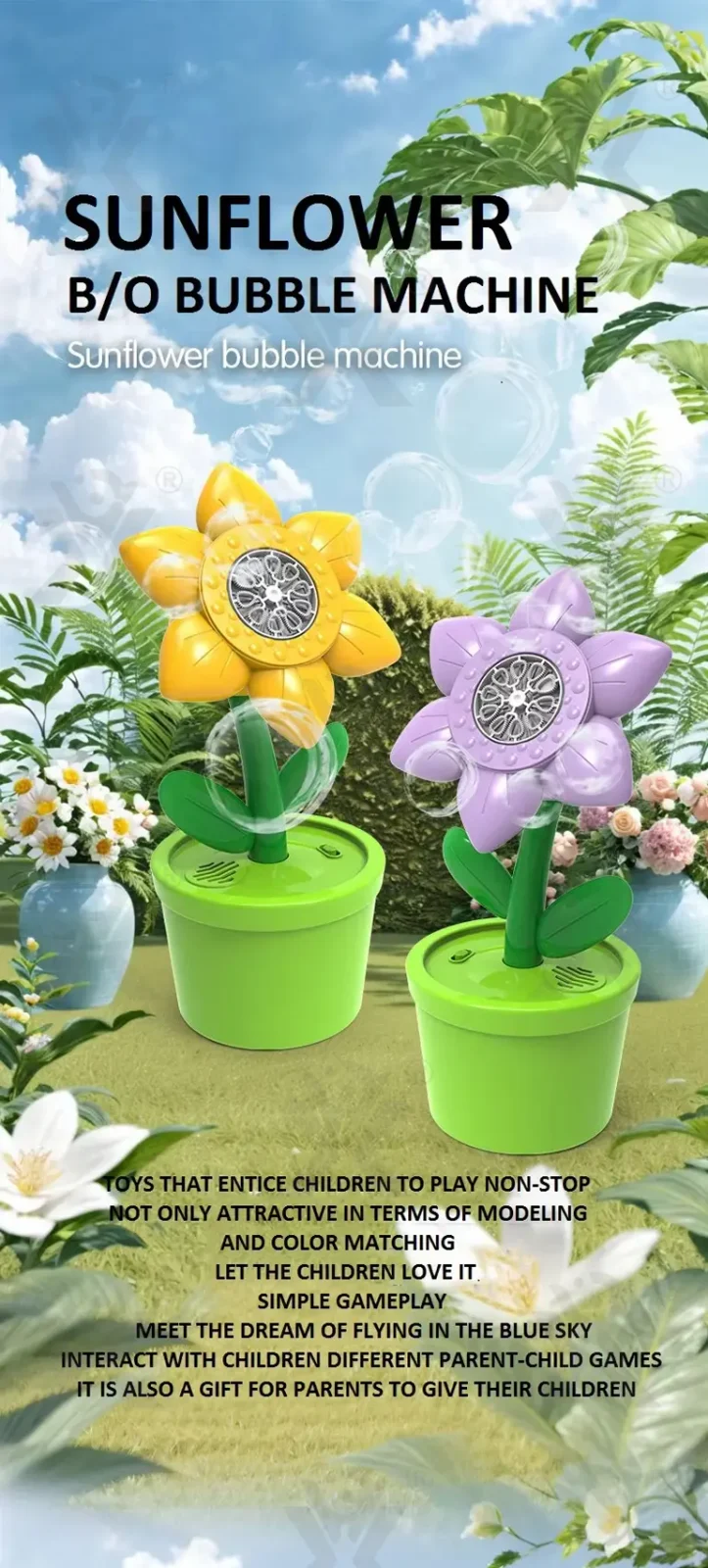 Sunflower Bubble Machine with Music & Lights for Kids (TB-4872259) — illustrated product details, panel 1