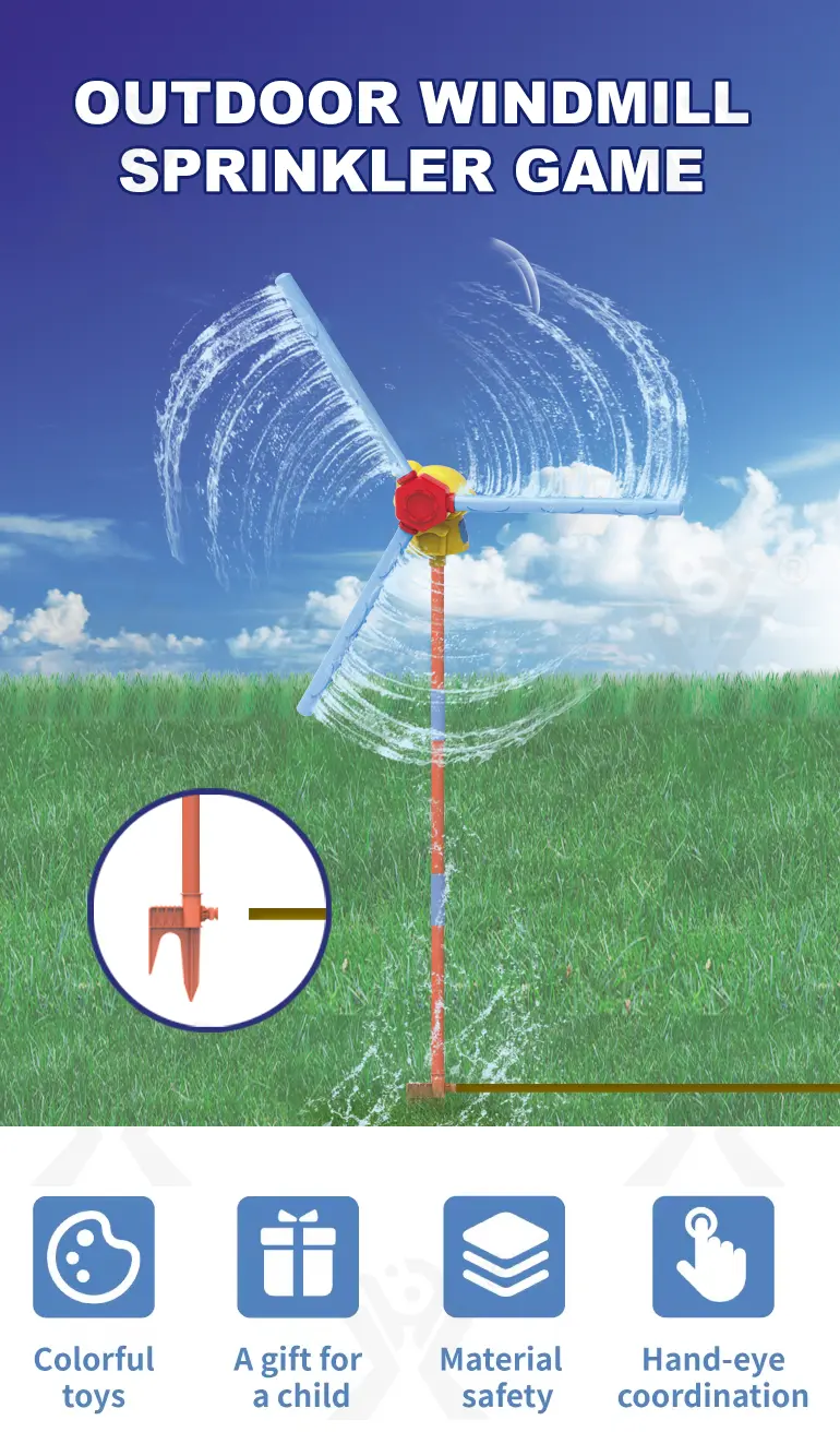 Windmill Water Sprinkler Toy, 360° Rotating Water Spray, Simple Hose Connection- Water Toys (TB-4540900) — illustrated product details, panel 1